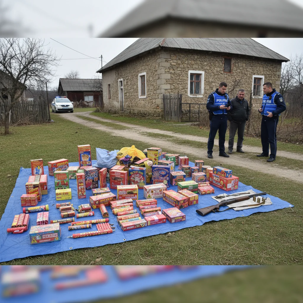 650 kg materiale pirotehnice și armă neautorizată confiscate în urma percheziției – video