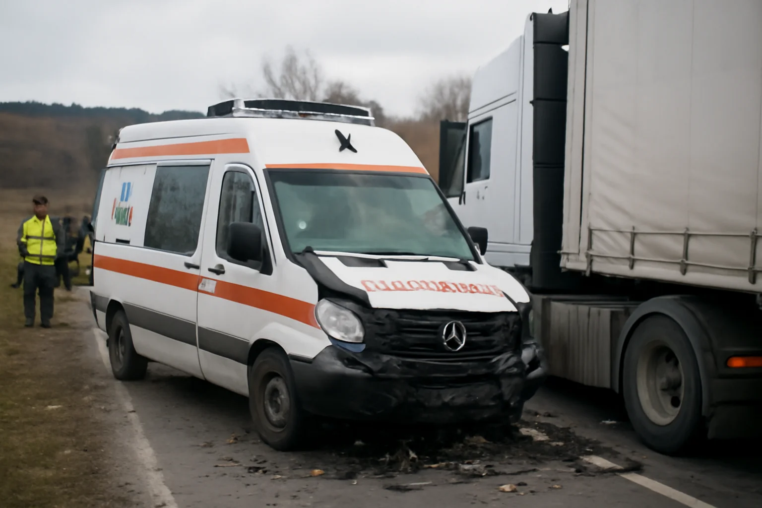 Ambulanță din Baia Mare implicată într-un accident cu TIR-ul la Jucu, în județul Cluj