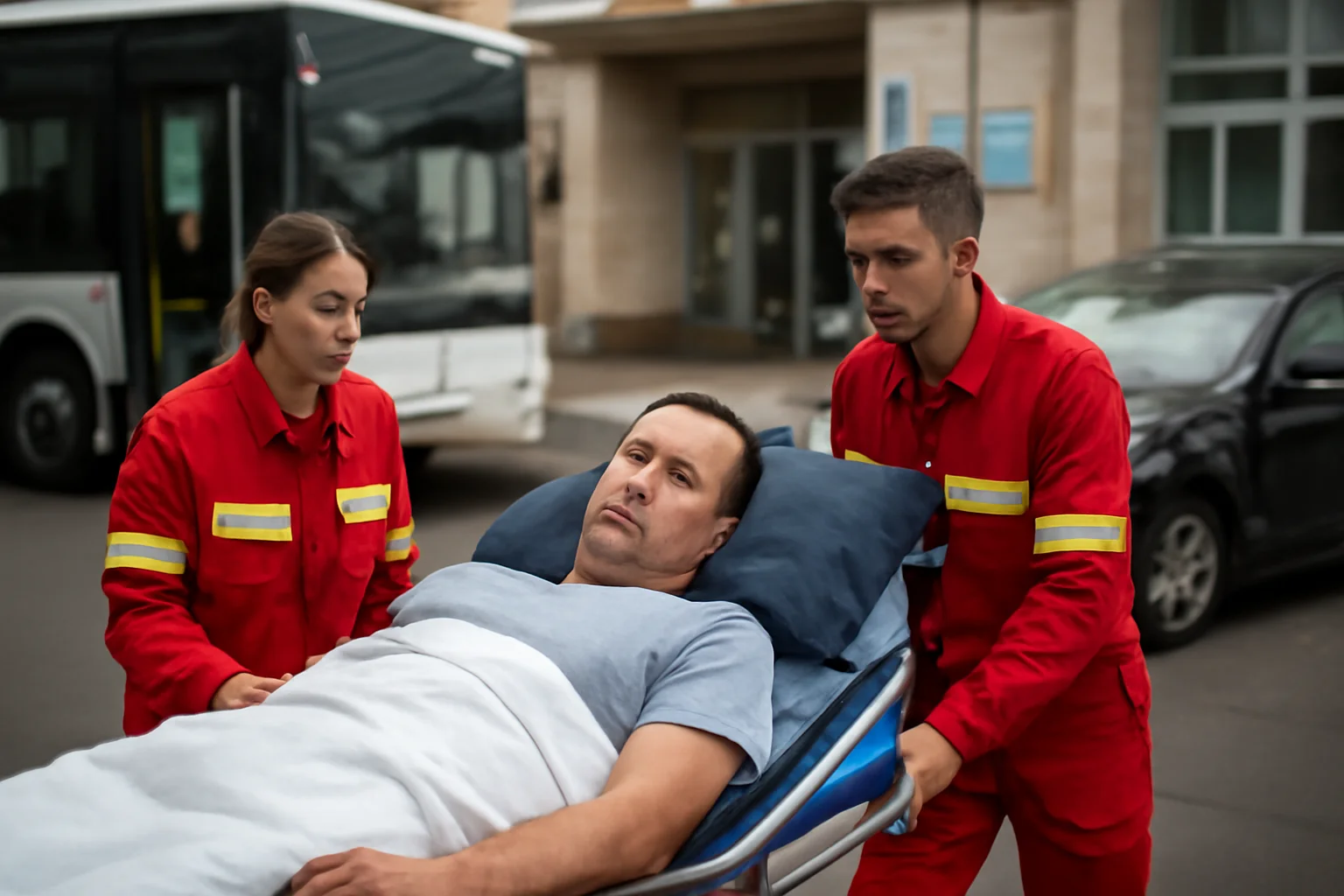 Bărbat rănit și transportat la spital după coliziunea dintre un autobuz și o mașină