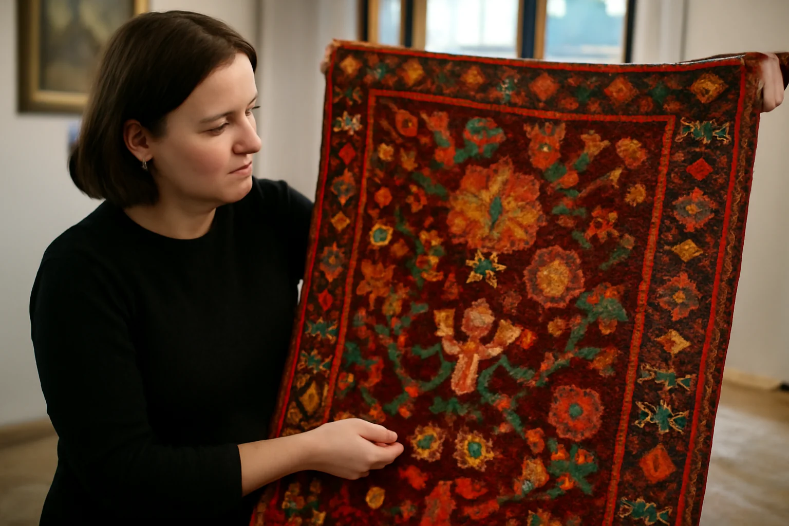 Covorul fermecat creat de Victoria Berbecar, piesă de preț în colecția Muzeului Județean de Etnografie și Artă Populară Maramureș