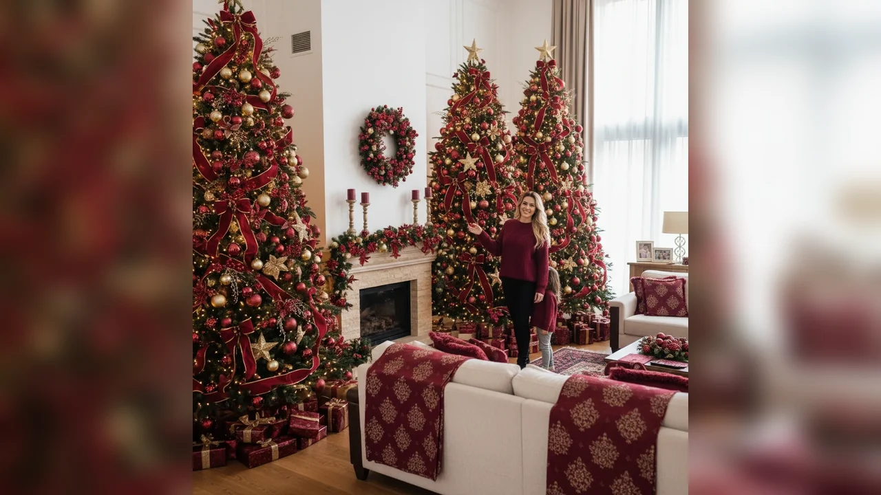 Cum arată casa Andreei Tonciu, amenajată de Crăciun. În aceeași cameră a împodobit mai mulți brazi, iar culoarea predominantă e burgundy