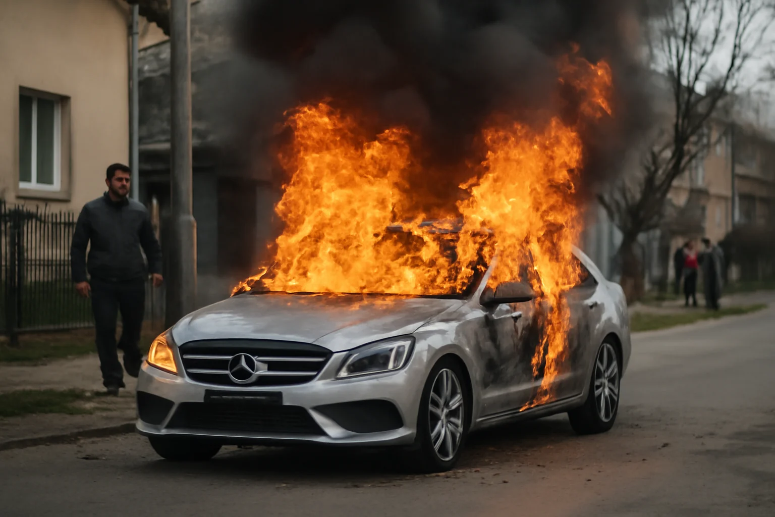 Mașină Mercedes C-Class distrusă de incendiu pe strada Traian din Baia Mare