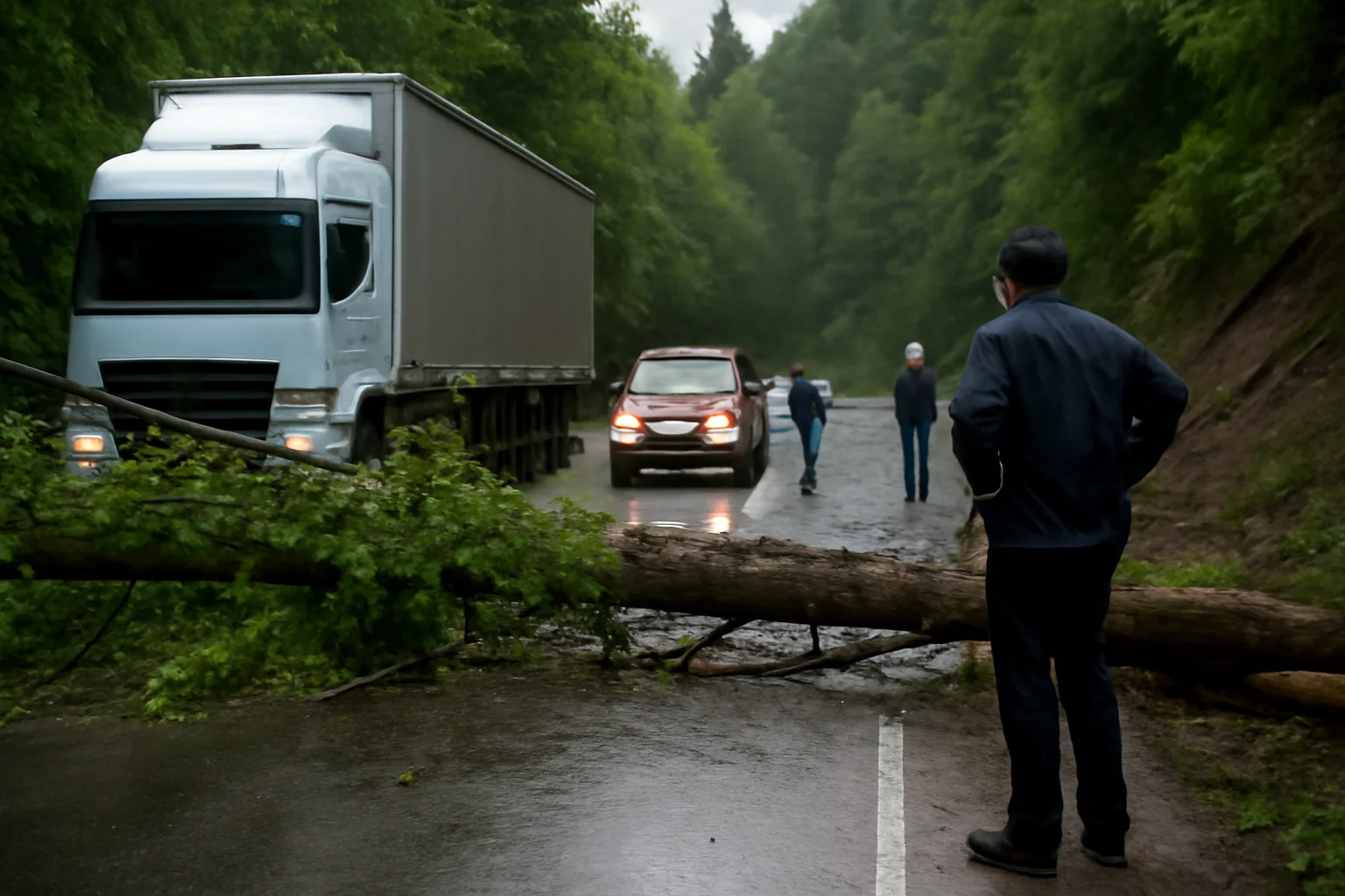 Trafic oprit temporar în Pasul Gutâi, lângă Baia Mare, după prăbușirea unui copac pe carosabil