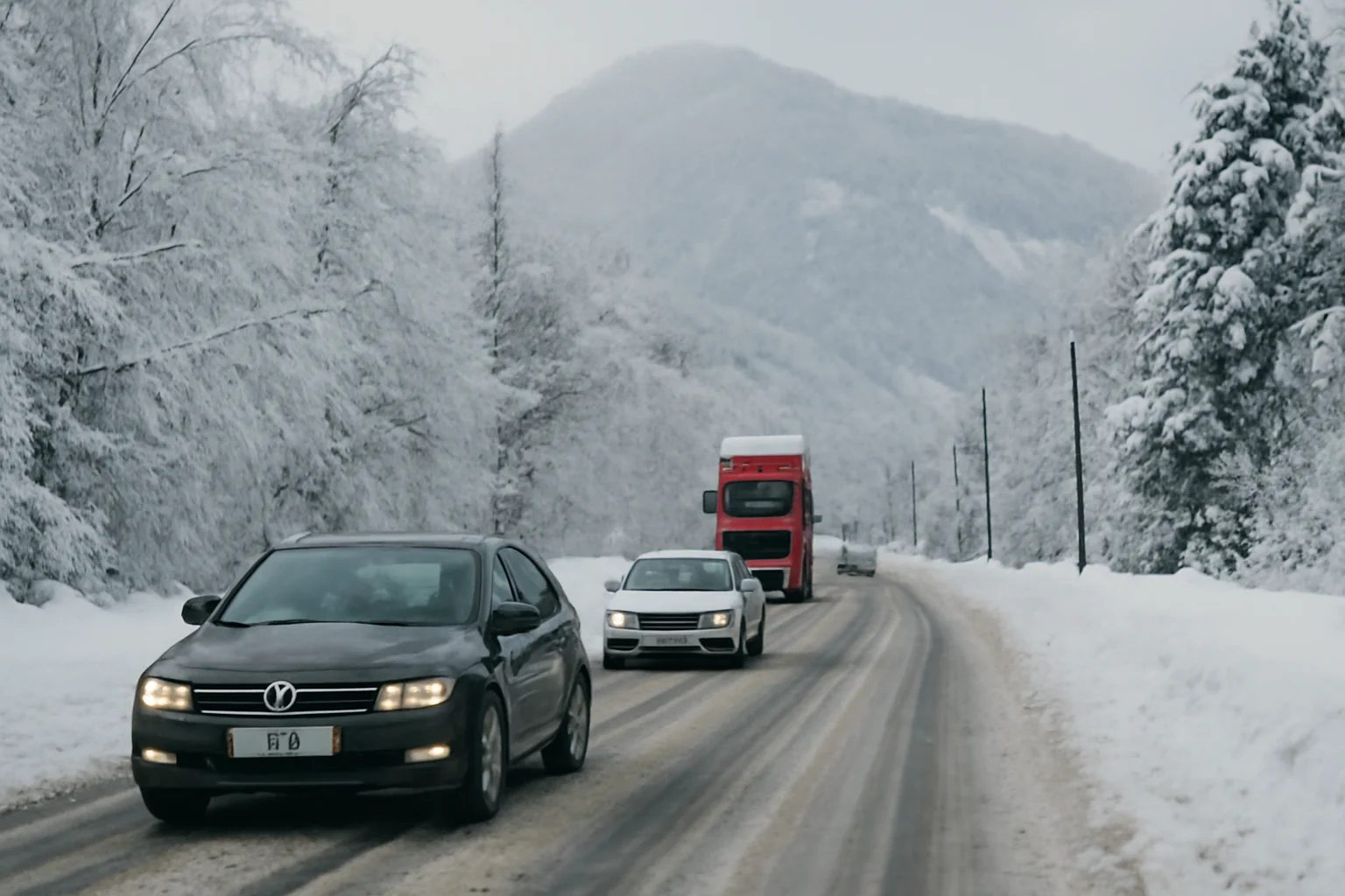 Trafic rutier în condiții de iarnă la Baia Mare, cu strat consistent de zăpadă în zona montană