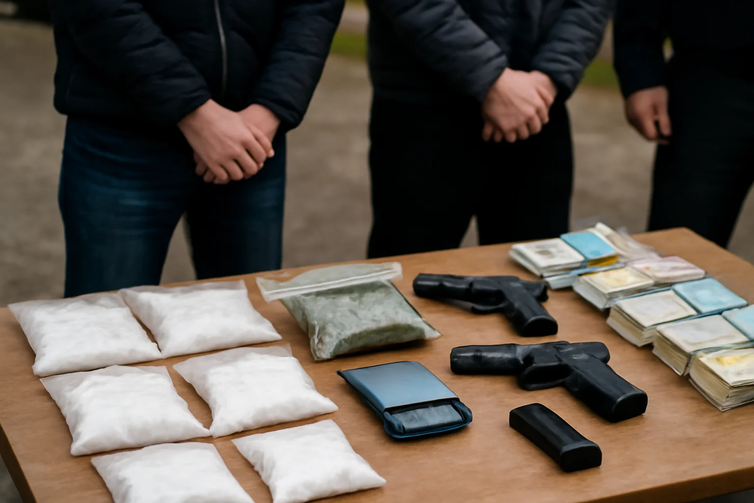 Trei reținuți, droguri, arme și bani confiscate – galerie foto