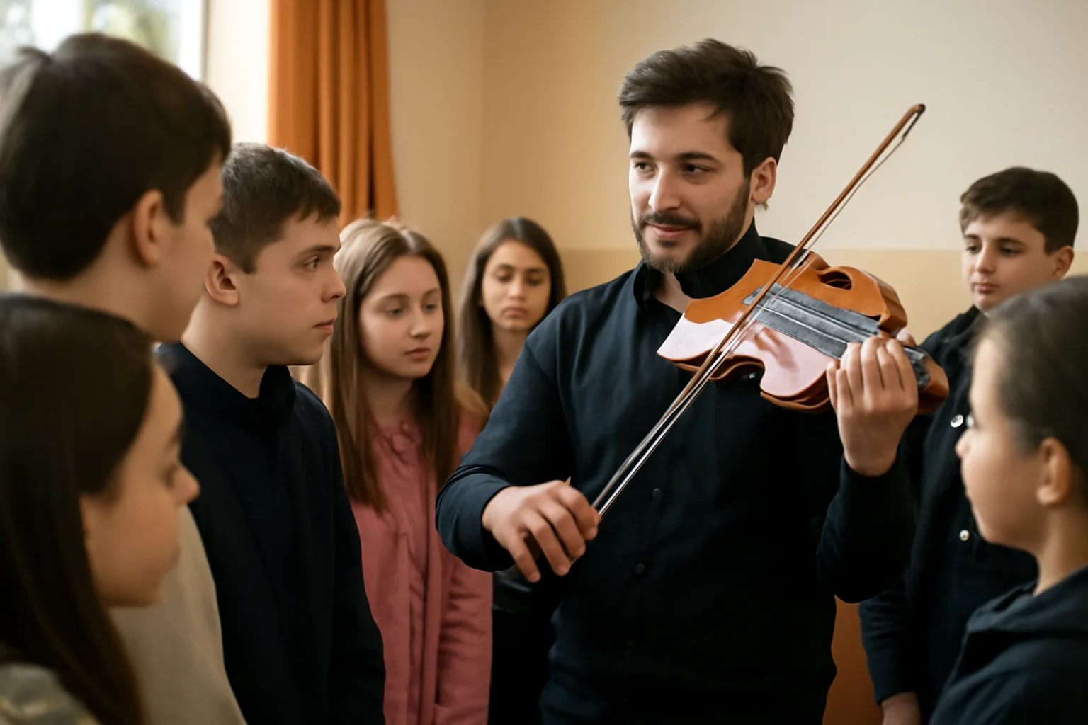 Violonistul Bogdan Bolchiș, o lecție muzicală specială pentru copiii de la Școala Gimnazială Nicolae Iorga din Baia Mare